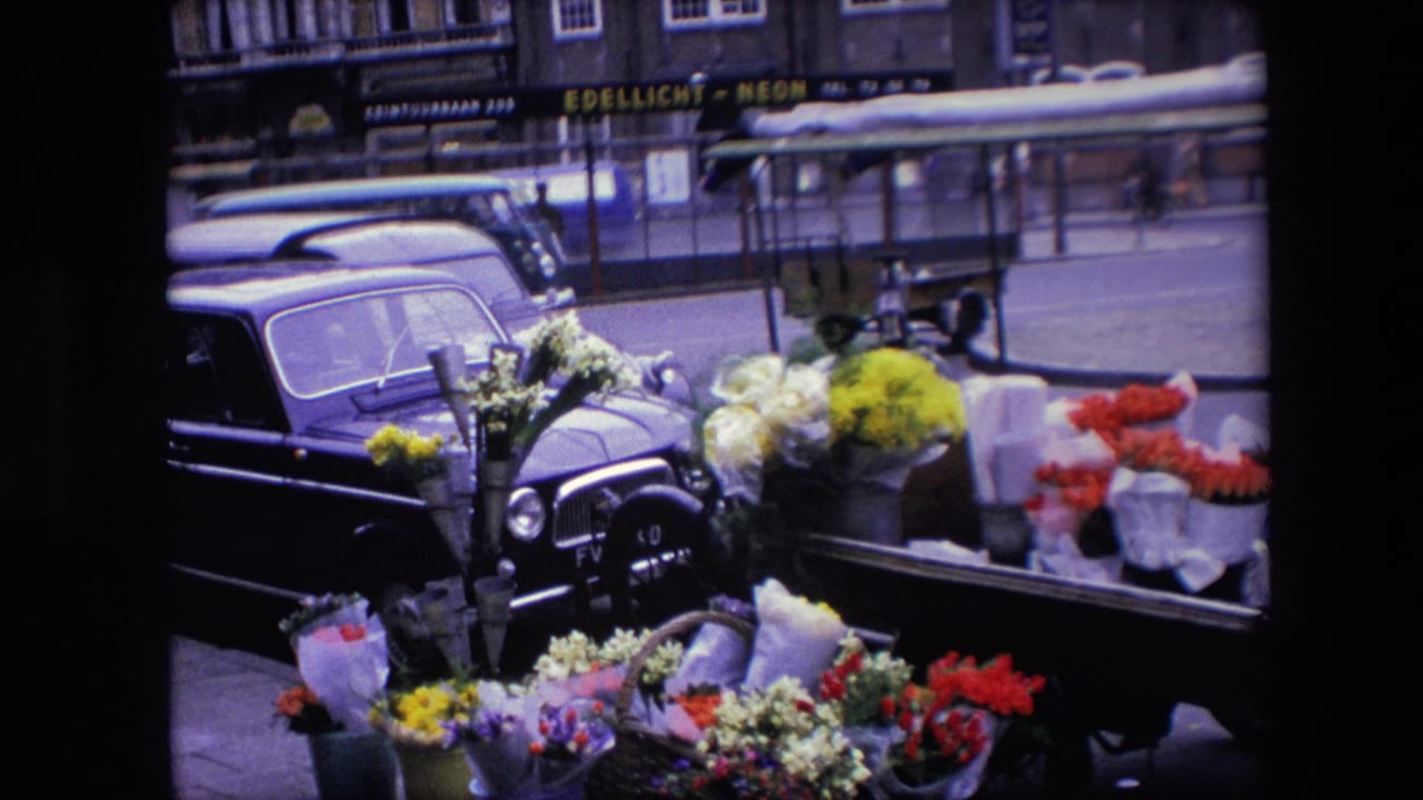 1967 Amsterdam sidewalk scene showing a mobile flower display, dark parked vehicle, shopfronts, and street railings in soft 8mm color.