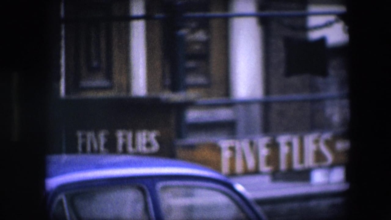 Blurred storefront sign reading FIVE FLIES behind a blue car roof and dark frame edges.