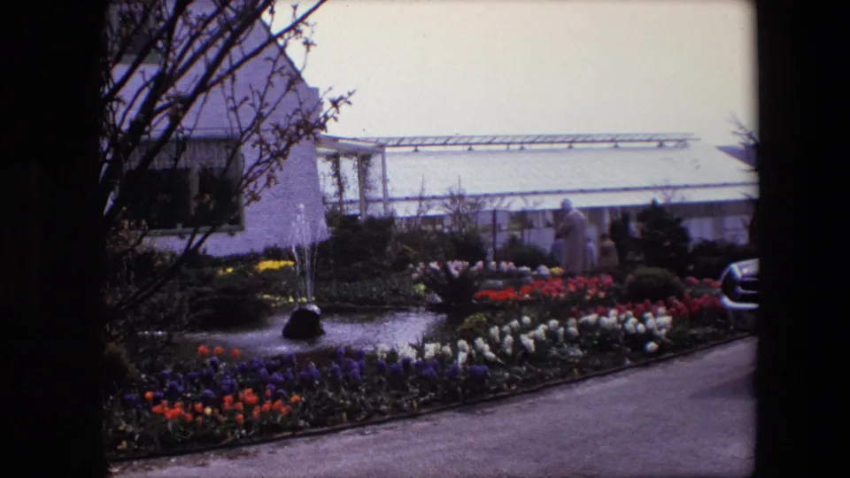 Cataloged 1967 8mm frame showing a formal garden with a small fountain, colorful flowerbeds, paved paths, shrubs, and a white building or greenhouse structure.