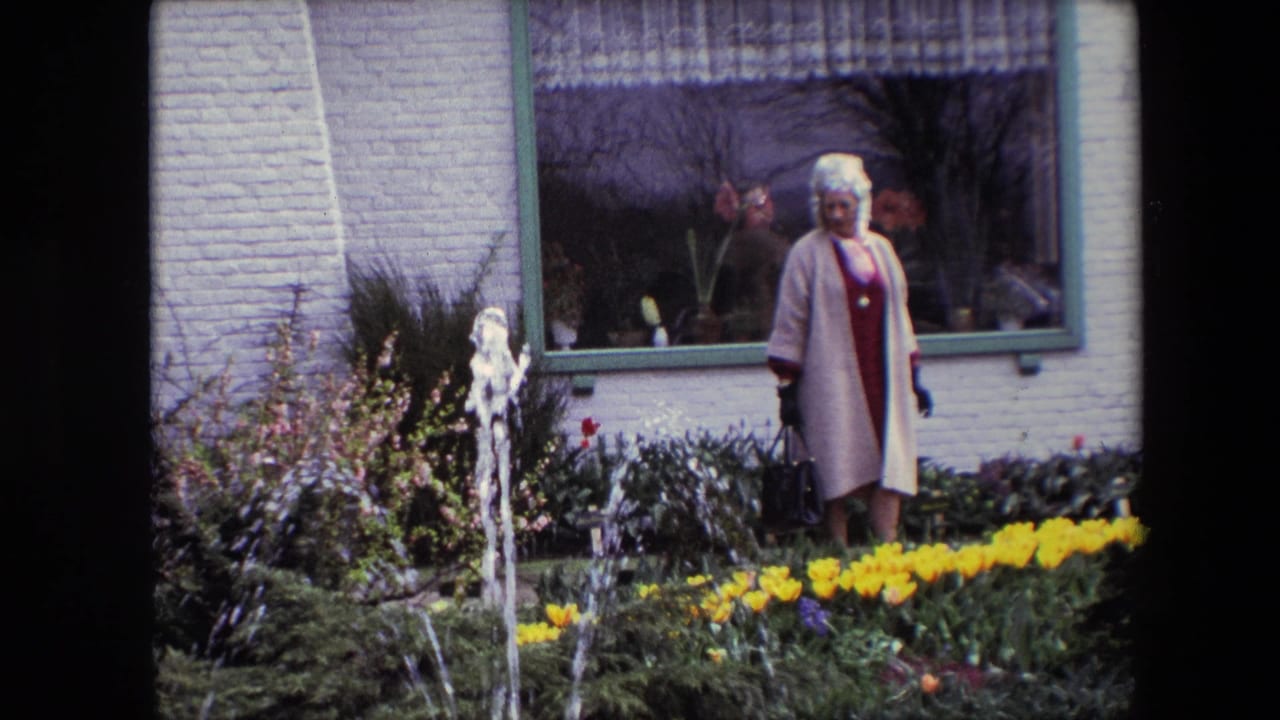 A woman in 1960s-style dress stands in a garden near yellow tulips, a small fountain, and a white brick building with a large window behind her.