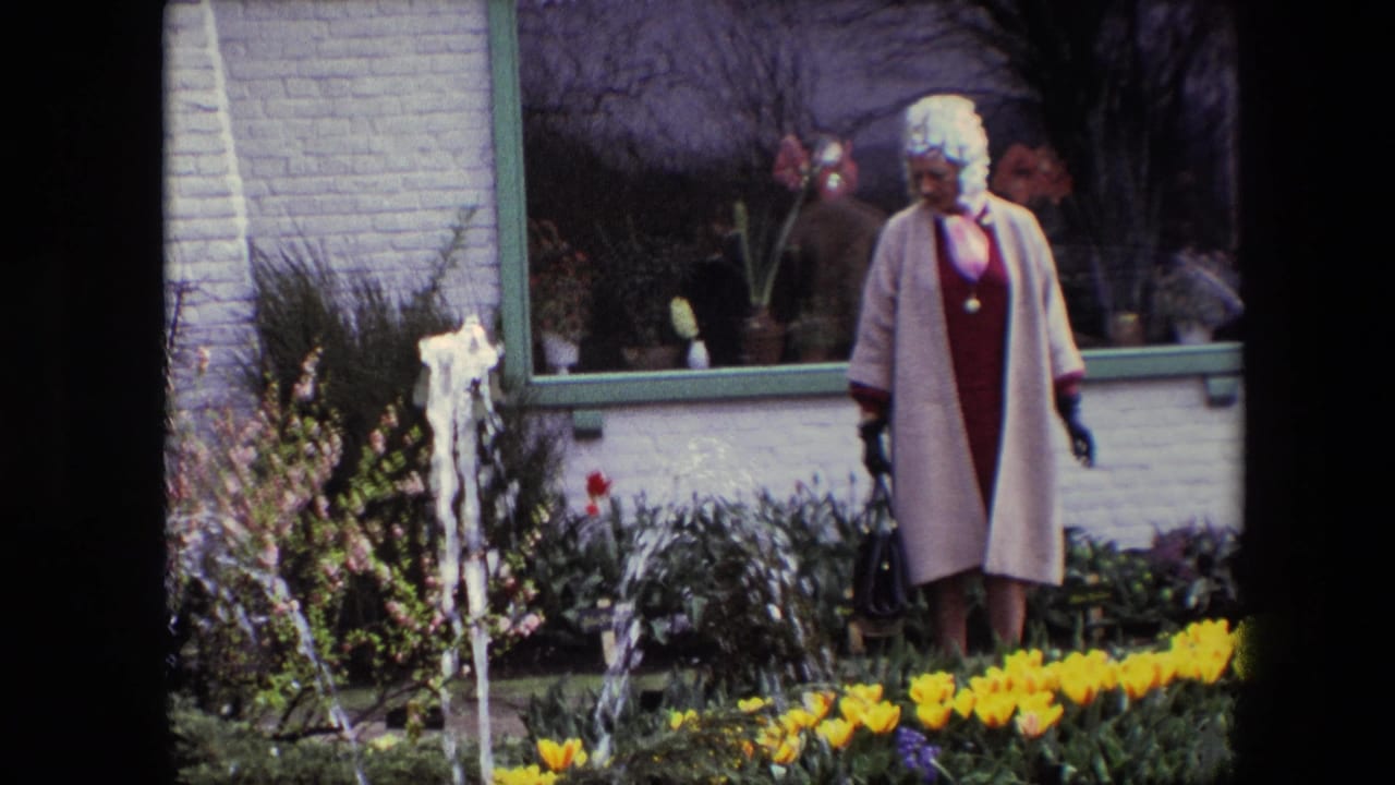 Woman walks along a garden path beside yellow flowers and a fountain.