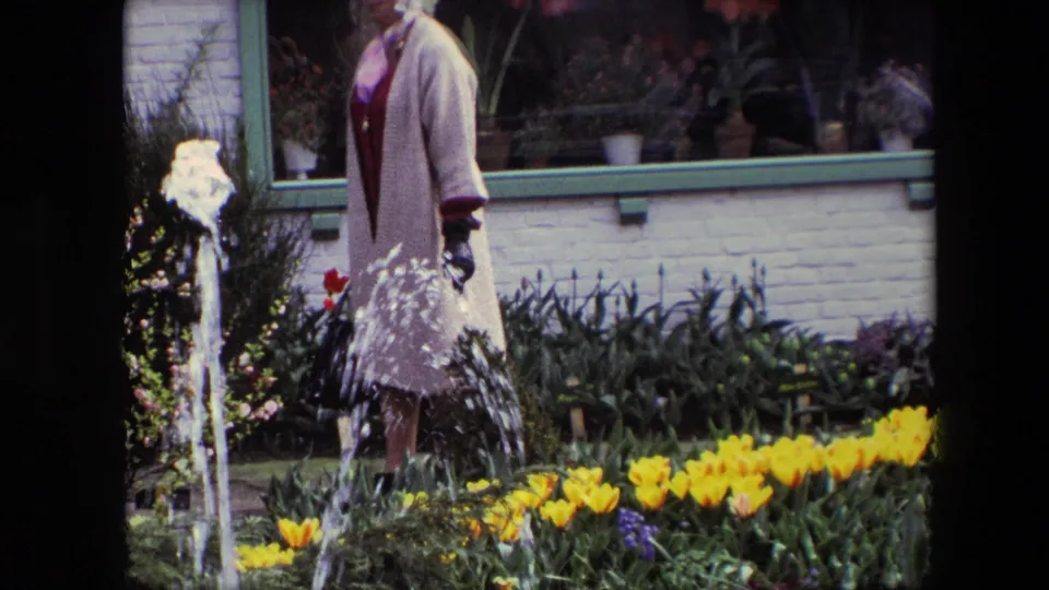 A closer frame shows the woman’s coat, red dress, gloves, handbag, fountain spray, yellow tulips, and the white brick building behind the garden.