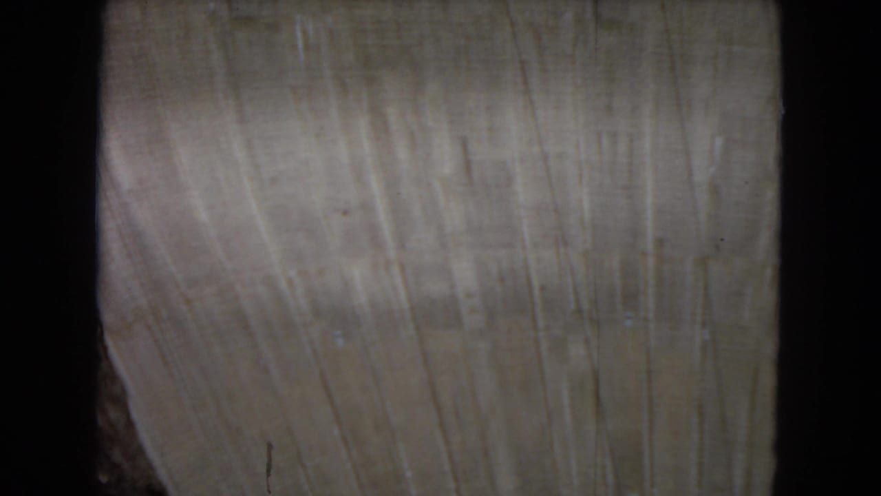 Close 8mm frame of pale unfinished concrete, likely part of the dam, showing vertical texture, film wear, and a small rocky edge near the lower left.