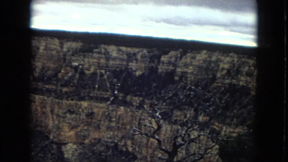 1967 8mm Grand Canyon view across a shaded canyon wall, with bare branches in the foreground and a bright band of cloudy sky above.