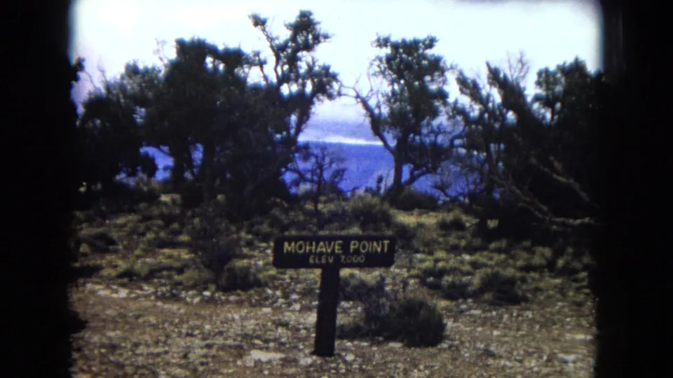 1967 8mm visitor-shot view of a Mohave Point elevation sign set among trees, scrub, and rocky desert ground at the Grand Canyon.