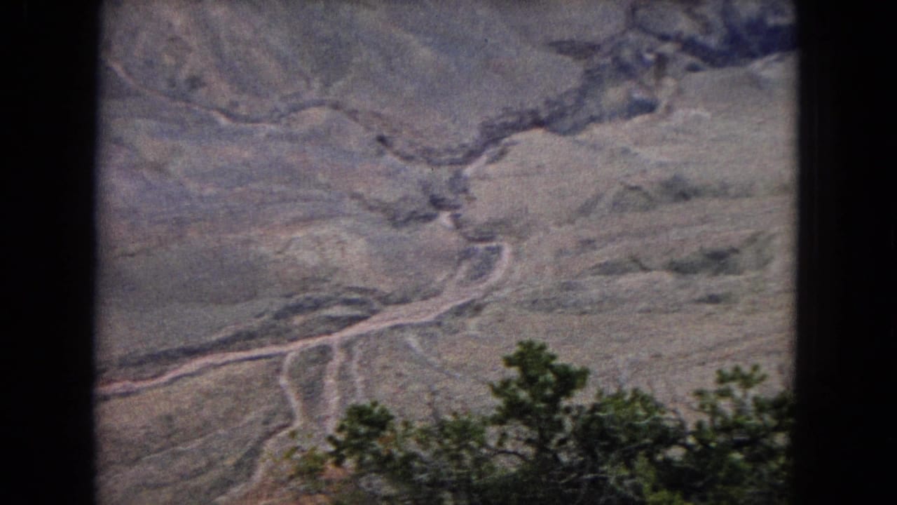1967 8mm home-movie frame of a broad desert canyon view, with a branching river or wash cutting through pale rock layers and sparse shrubs in the lower foreground.