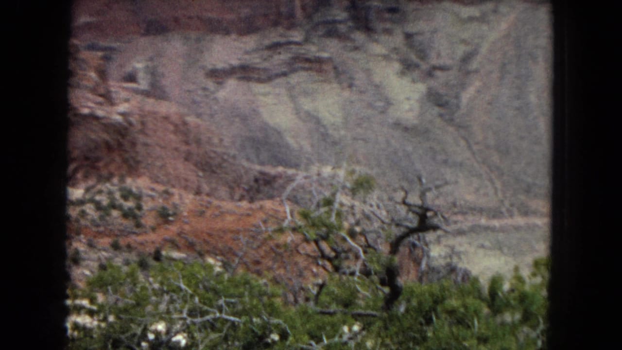 1967 8mm home-movie view of the Grand Canyon area with layered rock wall, sparse green shrubs, and dark film or window borders framing the scene.