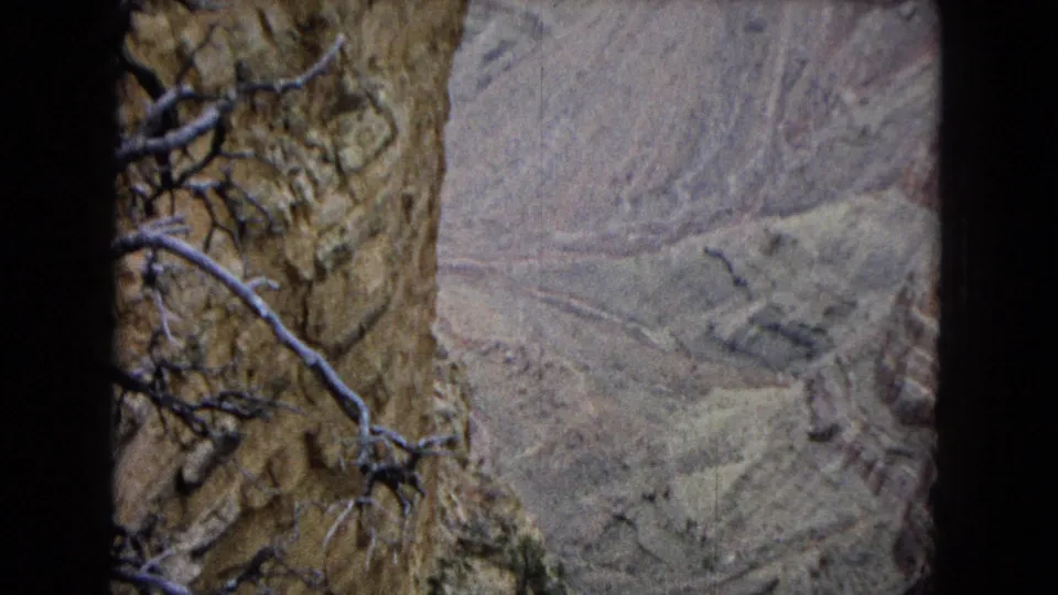 1967 8mm Grand Canyon travel view, with rough rock and leafless branches close to the camera and a hazy, layered canyon slope dropping away in the background.