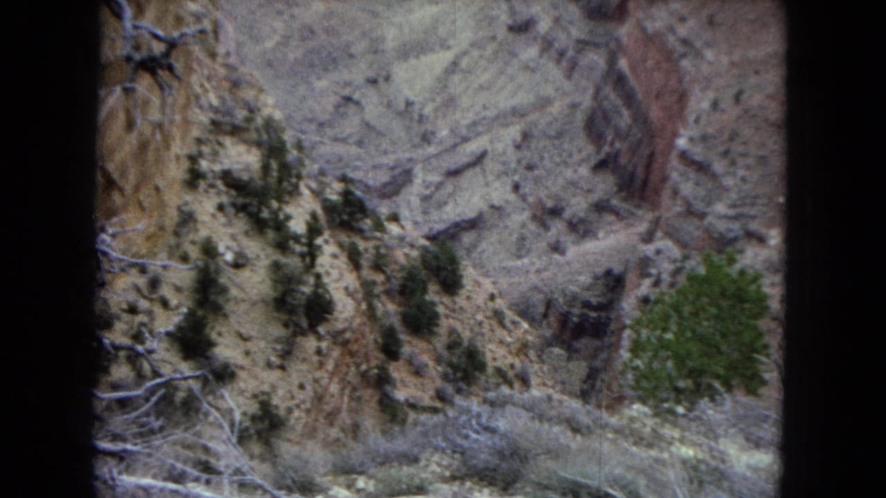 Rocky canyon edge with sparse trees and layered cliffs in the distance.