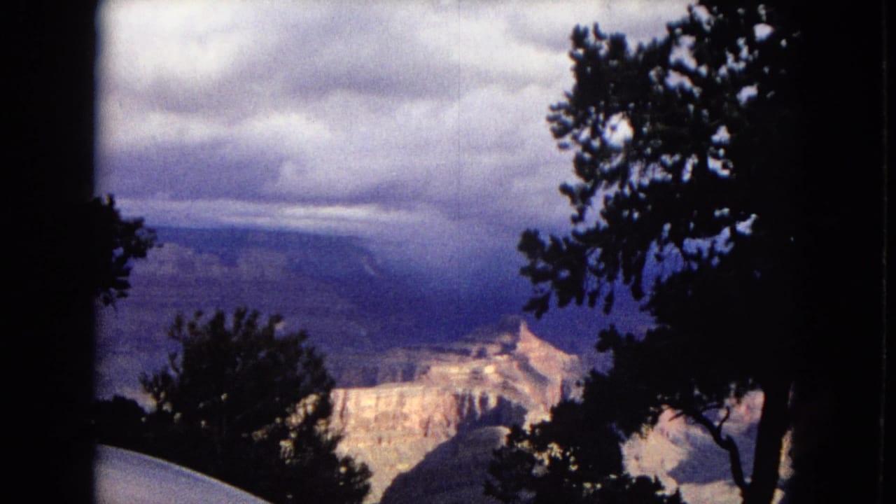 1967 Arizona home-movie frame showing a Grand Canyon vista through silhouetted trees, with layered rock formations beneath an overcast sky.