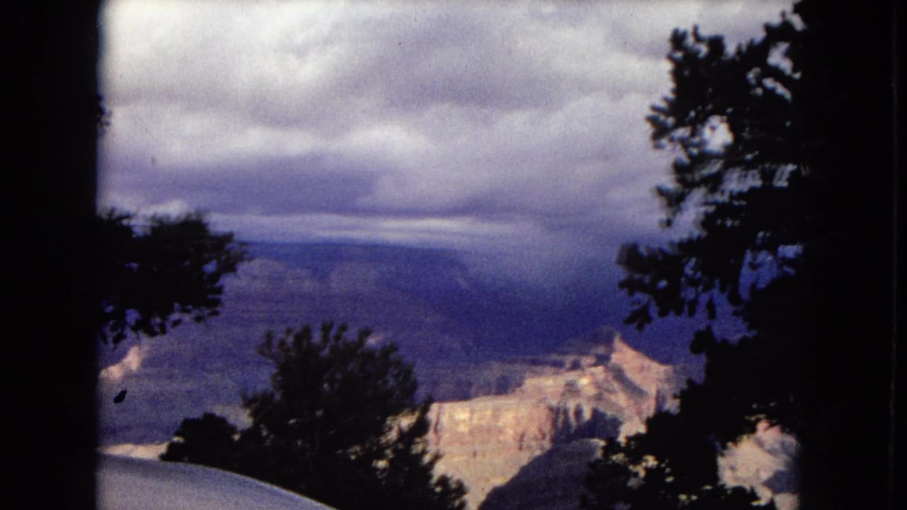 Wide canyon overlook with tree silhouettes at the sides and heavy clouds above.