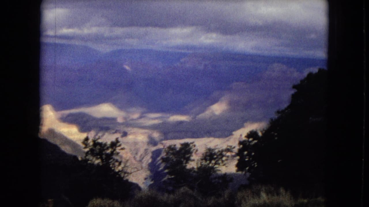 Canyon panorama with foreground shrubs, pale rock ledges, blue distant ridges, and heavy clouds.