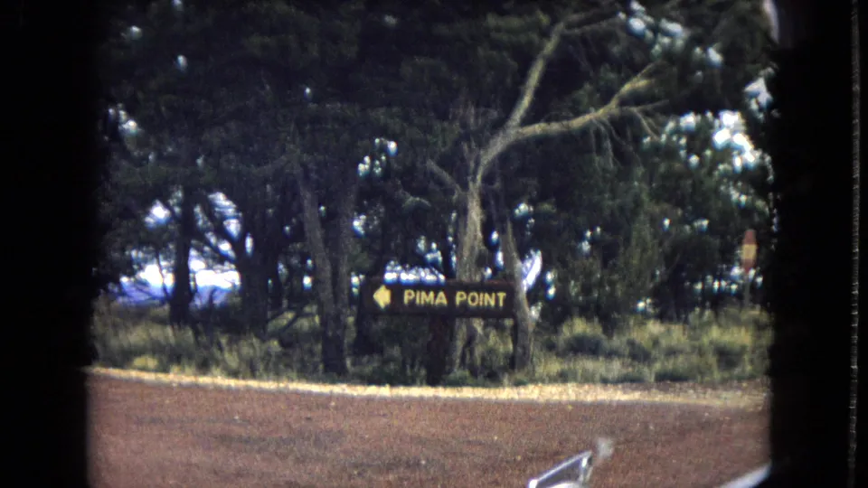 Roadside Grand Canyon overlook scene with a visible Pima Point sign among trees and a small vehicle hood edge in the lower frame.