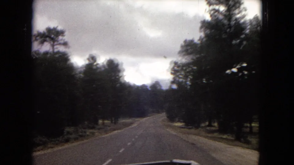 In-car 1967 road view in Arizona, with a paved two-lane road running through pine forest under cloudy light.