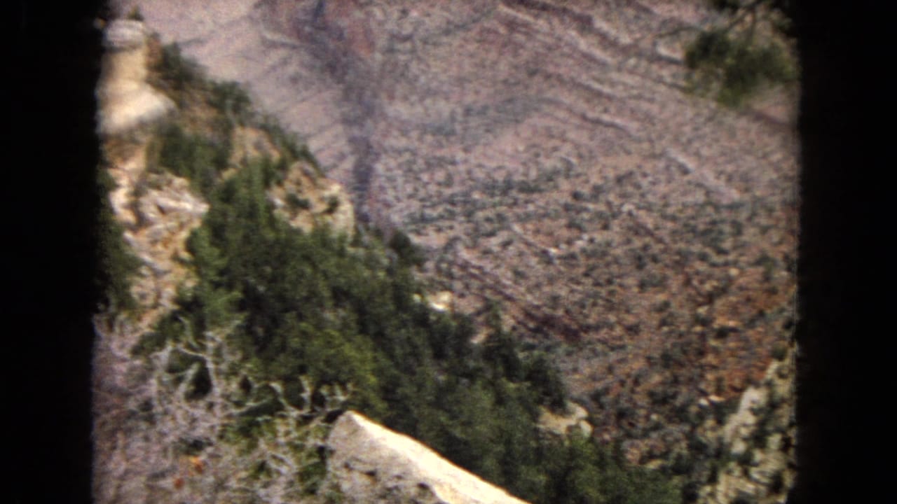 Rocky canyon rim with pine-covered slope and open canyon floor beyond.