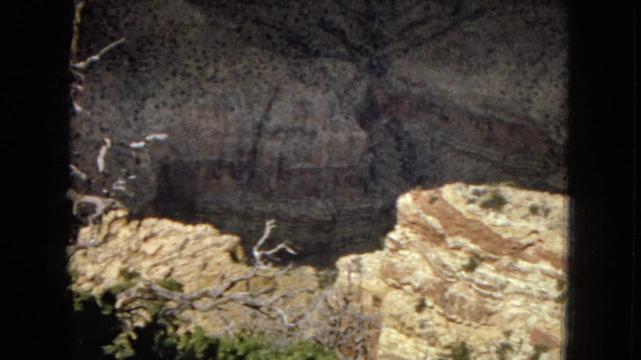 1967 8mm travel frame showing a close view of rugged canyon rock, a pale stone ledge, dry branches, and sparse desert shrubs.