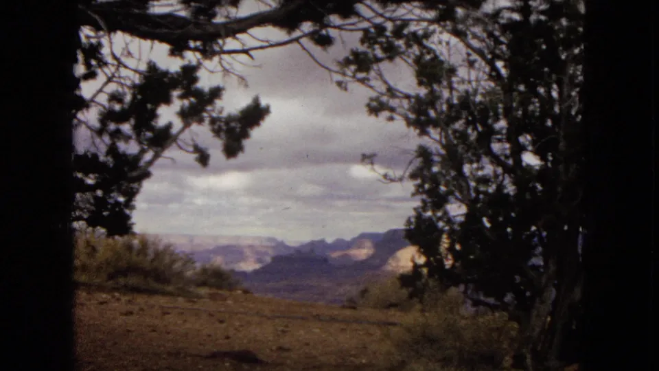 1967 home-movie frame with a distant mountain range and pale canyon slopes seen through foreground trees from a dirt overlook.