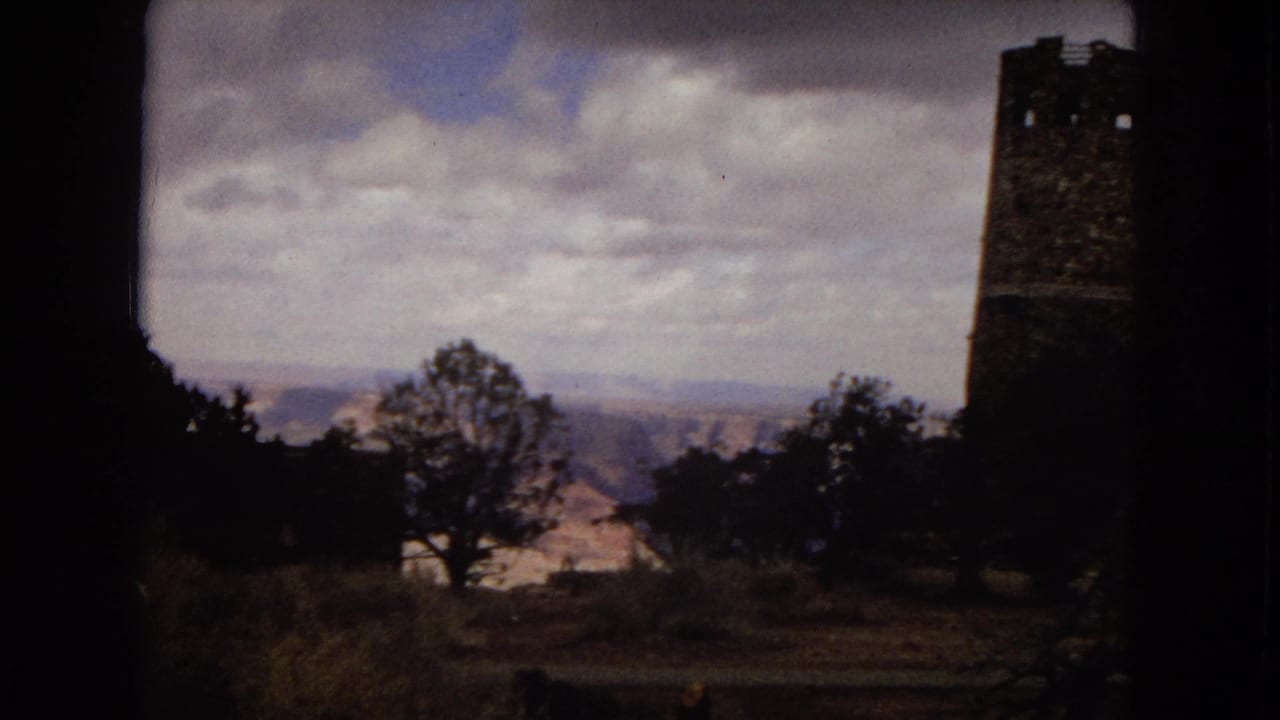 Grand Canyon-area travel view with the Desert View Watchtower partly at frame right, trees in the foreground, and distant canyon ridges under a cloudy sky.