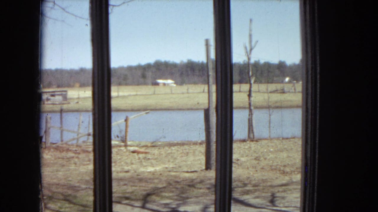 View from inside or near a farmhouse window looking toward a rural pond, pale field, fence posts, bare trees, and a wooded horizon in the United States setting supplied for the clip.