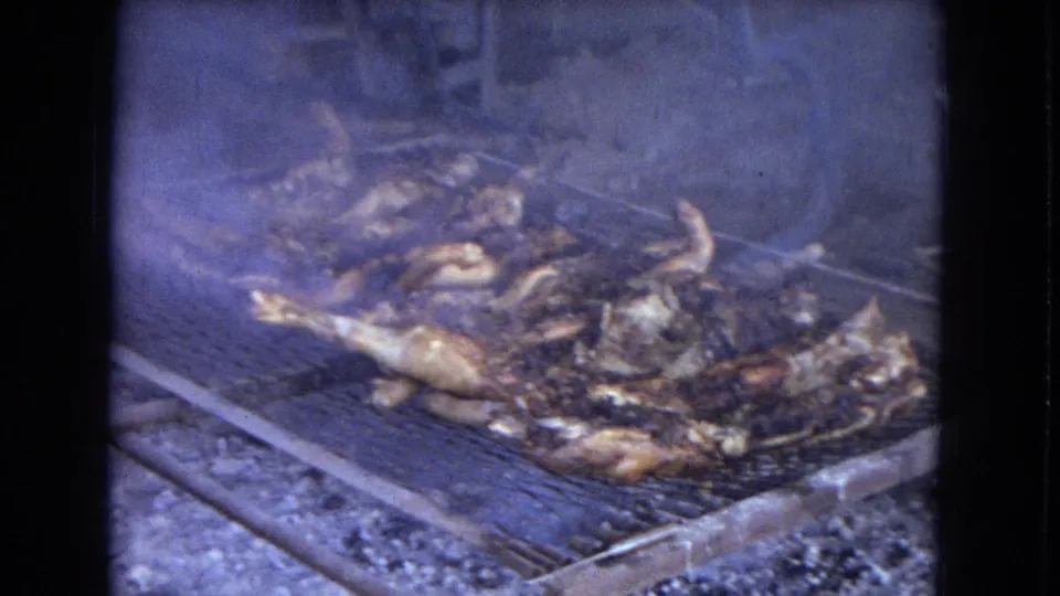 1967 home-movie frame with smoke passing over whole poultry pieces on a metal grill above coals or ash in an outdoor cooking area.