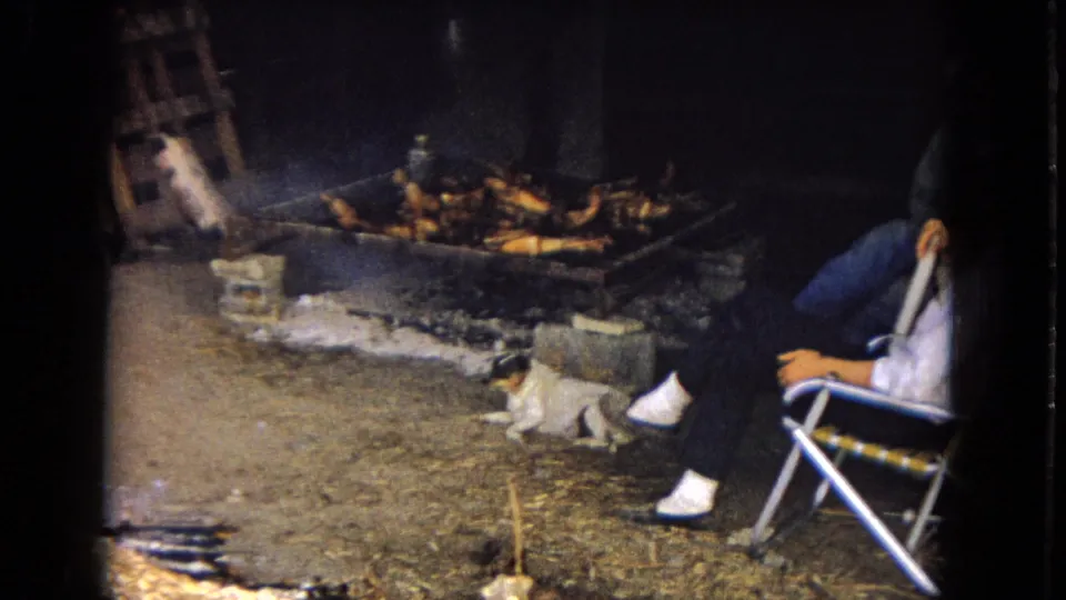 1967 archival 8mm frame from the United States showing seated adults in folding chairs beside a fire pit while a small dog rests on the dirt ground.