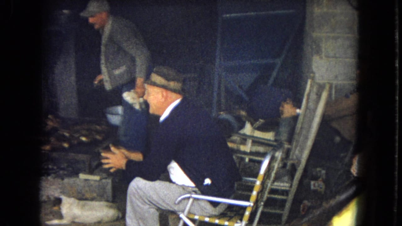 1967 8mm frame from the United States showing an older man in blue overalls and a gray cardigan standing near a seated man in a dark sweater and hat, with buckets, wood, and a white dog nearby.