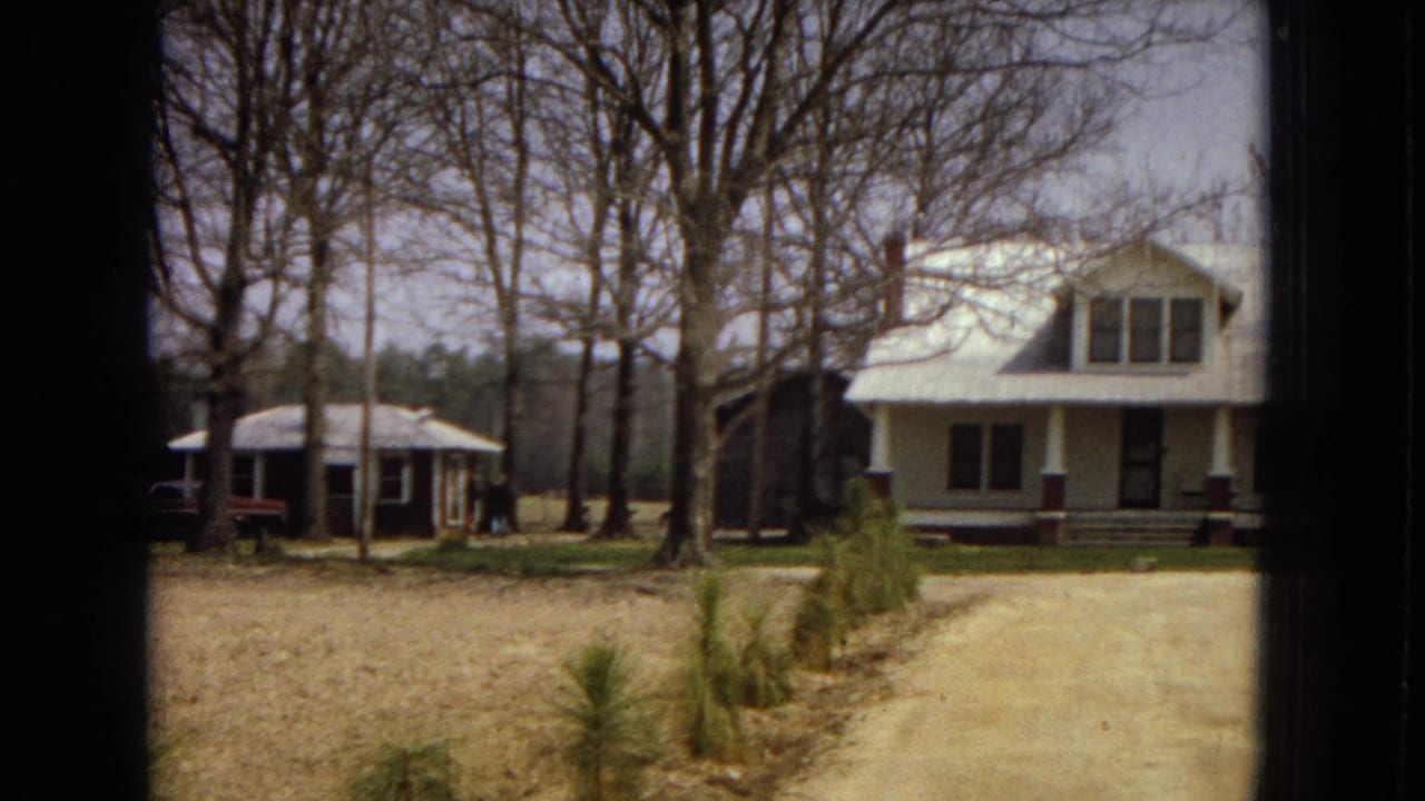 Rural yard with a dark bungalow, larger white house, bare trees, and a dirt driveway.