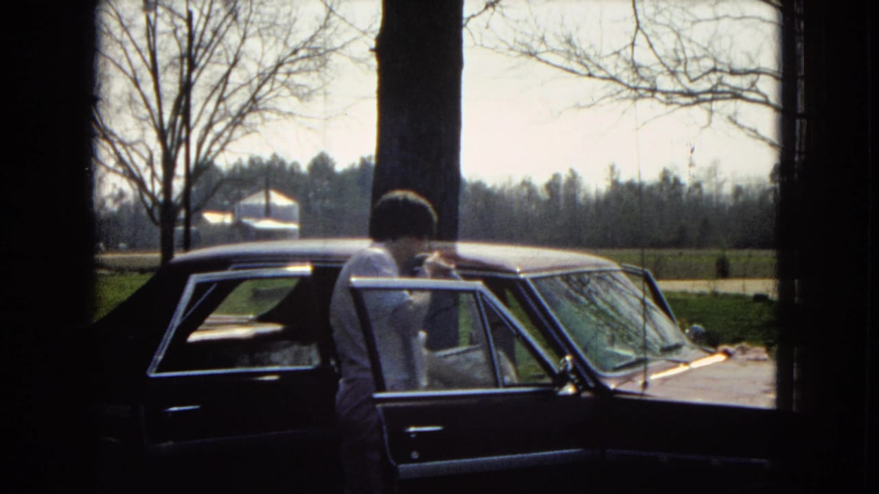 The man stands at the open rear passenger door of the dark sedan, partly obscured by the window frame, with bare trees and open land behind him.