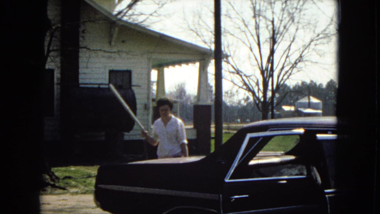 The woman stands beside the dark sedan holding a long vacuum hose, with a white clapboard house, porch, lawn, and bare trees visible in daylight.