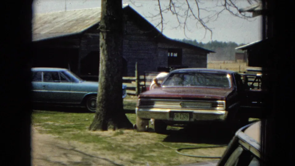 The rear of a dark red or brown mid-century car is parked in a rural yard, with a pale blue car, tree trunks, outbuildings, and fields visible around it.