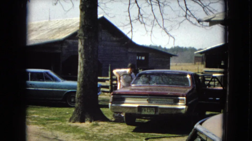 The man bends or leans over near the rear side of the maroon sedan, with the tree trunk partly blocking the view and a weathered barn and blue car remaining in the background.