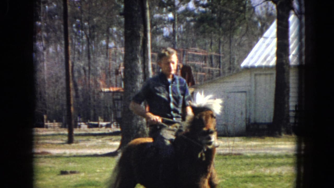 Young man rides the horse near a white building with trees behind him.