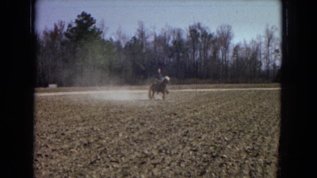 Distant rider on horseback crossing a dusty open field near a tree line.