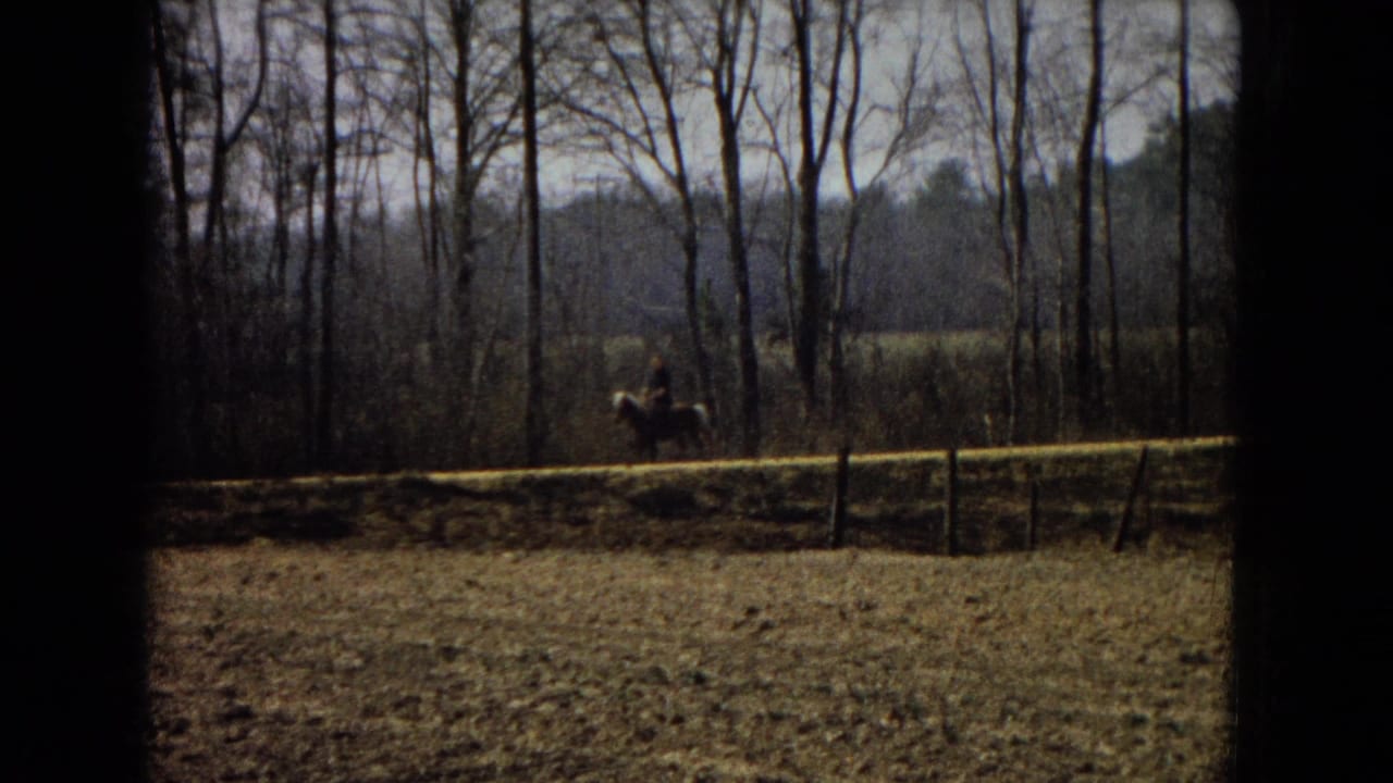 1967 U.S. 8mm home-movie frame showing a distant man riding a light-colored horse along a dirt path bordered by bare trees and a low fence.