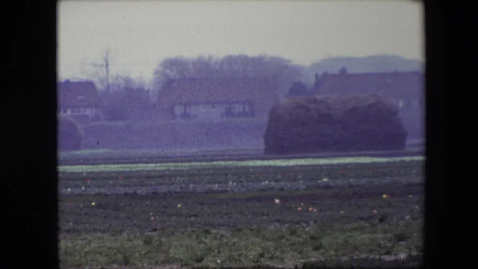 1967 Brussels-area 8mm frame showing a large hay bale set in a cultivated field, with distant houses, trees, and low hills softened by film haze.
