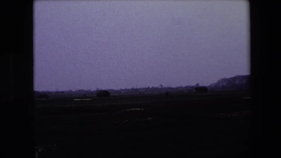 Underexposed 8mm frame from the 1967 Brussels clip showing tulip fields, distant silhouettes, and a muted horizon under a gray sky.