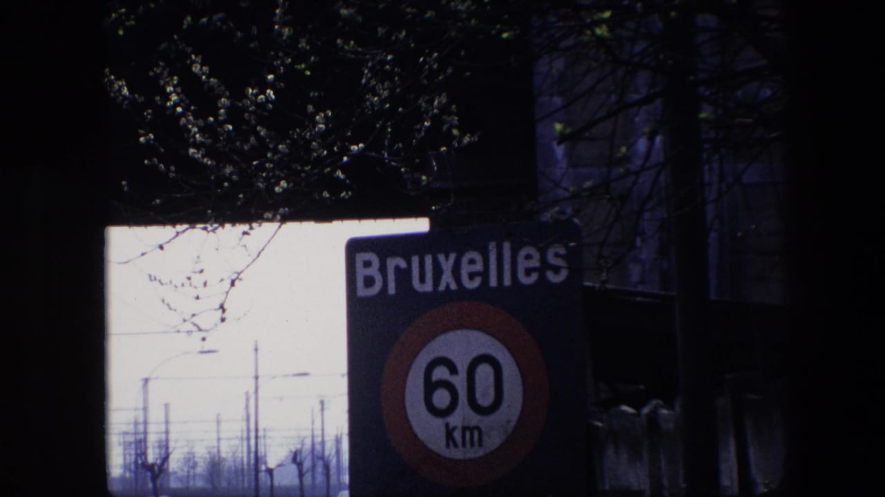 Final 1967 Brussels frame with the Bruxelles 60 km/h sign filling much of the view, dark foreground edges, bare branches, and a dim roadside structure behind it.