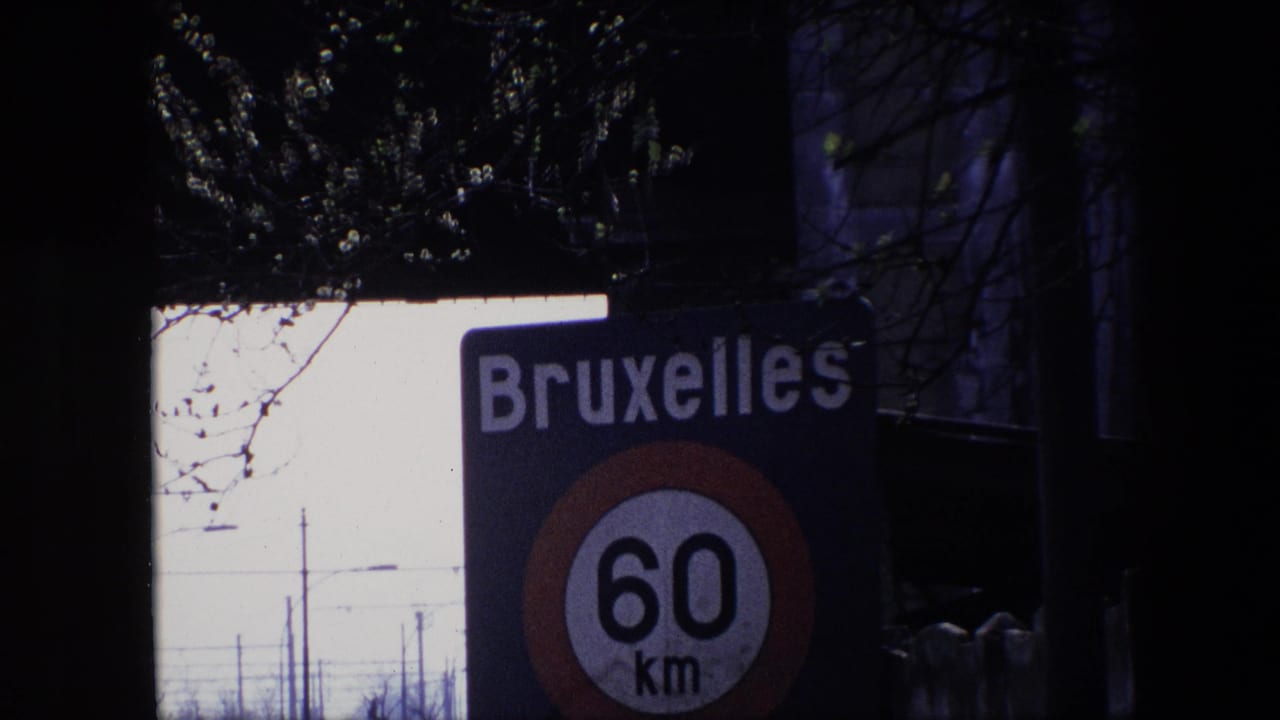 1967 Brussels footage showing a blue Bruxelles road sign and 60 km/h speed-limit roundel seen through dark tree branches against a pale sky.