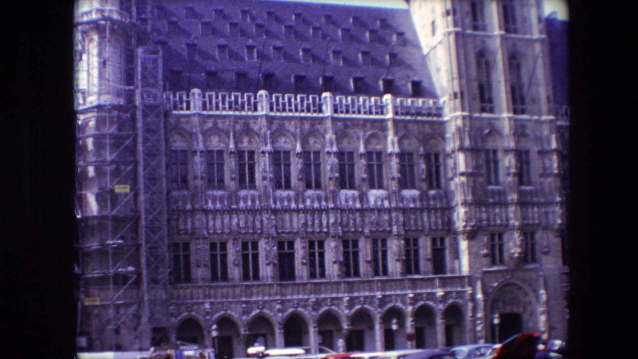 Ornate building facade with tower edge, scaffolding, and cars below.