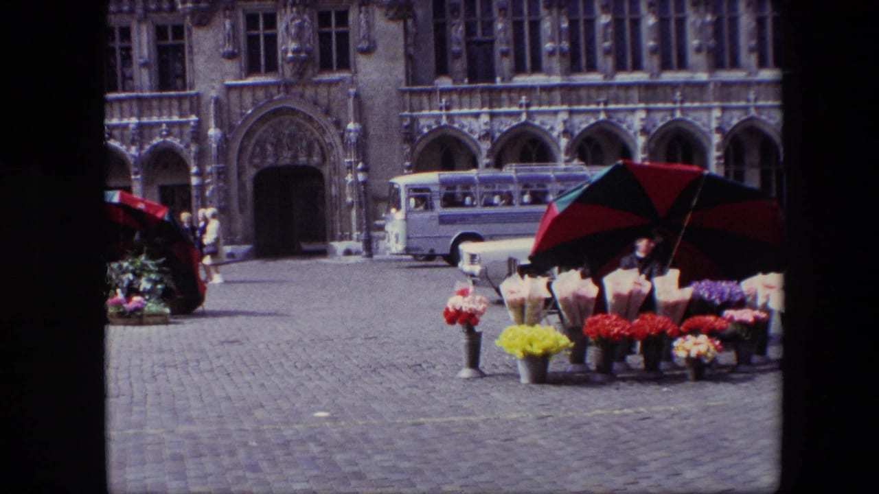 1967 Brussels street scene with flower vendors' bouquets under red and black umbrellas, a white bus, pedestrians, and ornate stone architecture beyond the cobblestones.