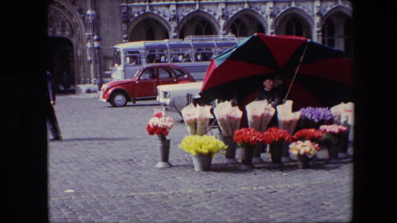 1967 Brussels street scene showing a flower vendor's stall under a red and black umbrella, with bright bouquets in metal cans, cobblestones, cars, a bus, and arched stone architecture behind.