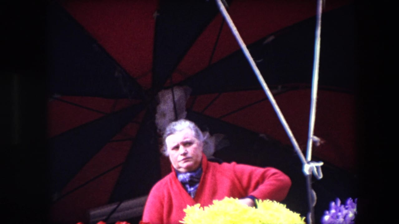 The woman in a red cardigan appears under the Brussels market-style canopy near bright yellow and purple flowers, looking toward the camera or someone nearby.
