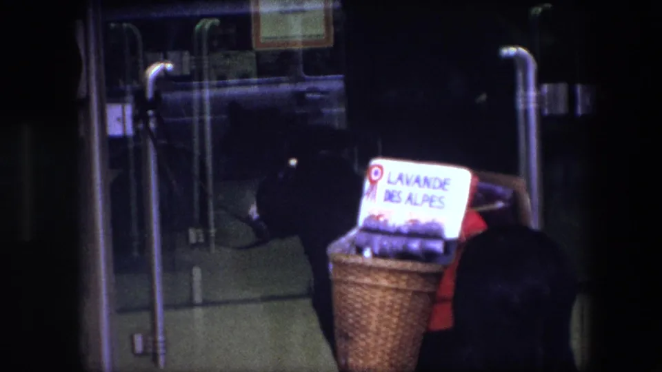 A dark-suited traveler carrying a briefcase passes behind the lavender basket and sign at the glass vehicle doorway in the 1967 Brussels clip.