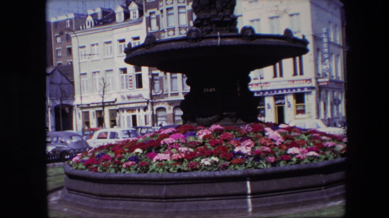 1967 Brussels 8mm frame centered on the fountain basin and bright flower bed, with classic cars and shopfront facades visible across the street.