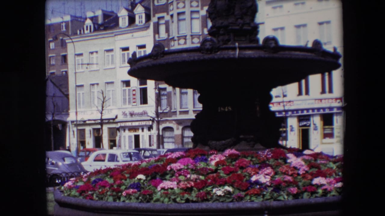 Dark fountain centered over a colorful flower bed with street buildings and cars in the background.
