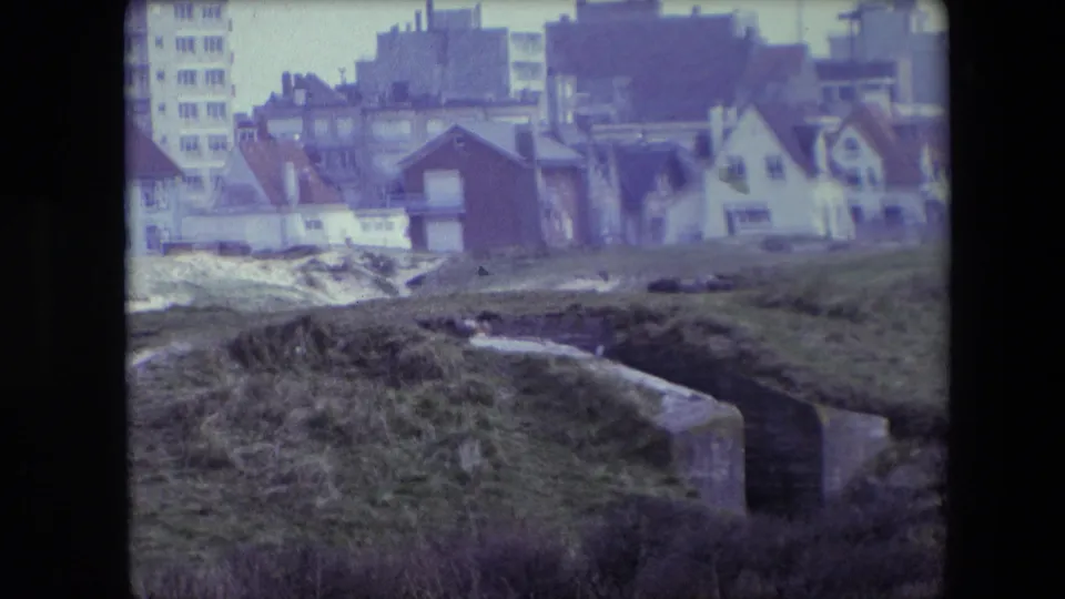 1967 Calais frame showing a grassy drainage area in the foreground with houses and larger residential blocks across the background.