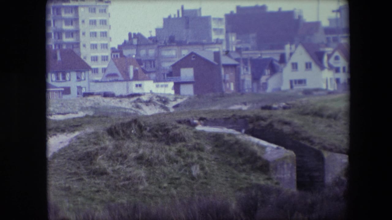 Concrete bunker edge and grassy ground below residential buildings.