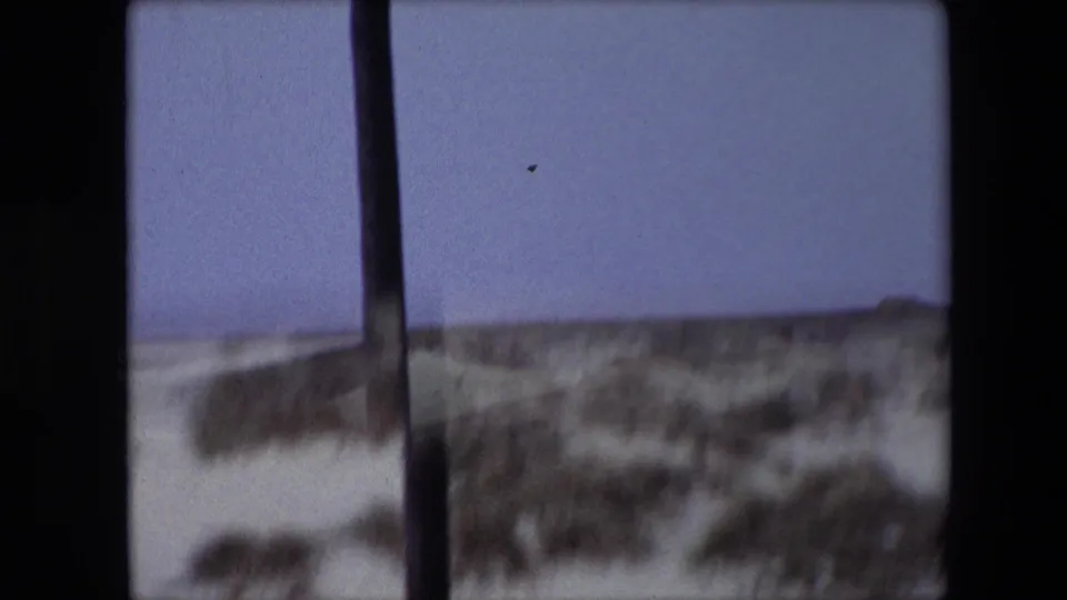 1967 Calais 8mm frame with blurred coastal dunes, scrub grass, pale sky, and a dark vertical obstruction suggesting a moving or partially blocked camera viewpoint.