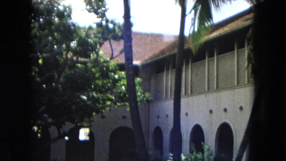 1967 Hawaii Super 8 frame showing a shaded exterior with palm trunks, flowering foliage, and a two-story building with arched ground-floor openings.