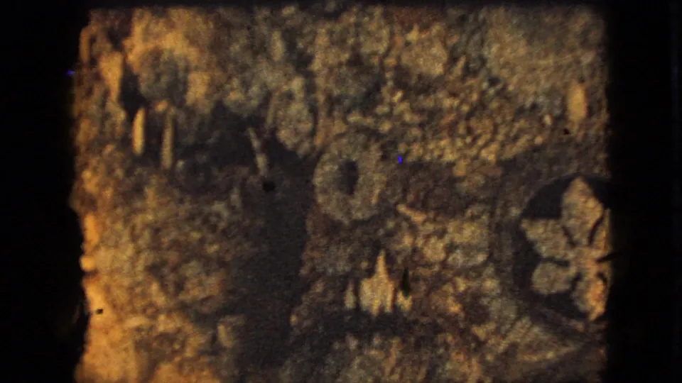 1967 8mm home-movie frame from metadata-listed Iowa showing a dark, rocky underwater or display surface with shell-like forms and warm amber illumination.